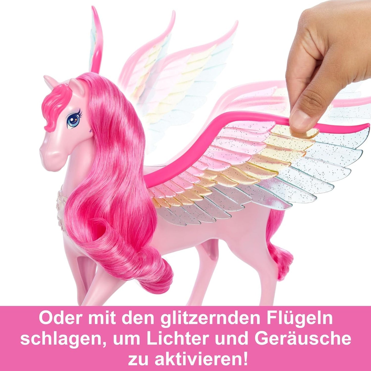 Barbie Pegasus Magic Hide and Seek - Juguete interactivo con luces y sonidos, 10 accesorios, alas de arcoíris, para edades de 3 años en adelante, HLC41
