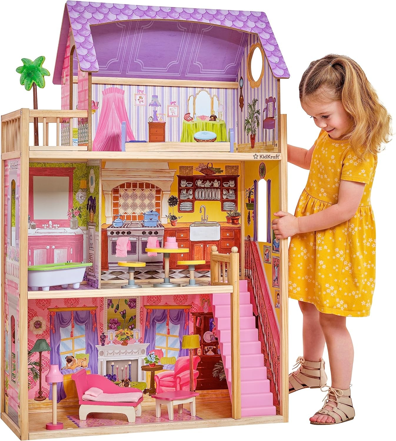 KidKraft Casa de muñecas de madera Kayla con muebles y accesorios, juego de 3 niveles para muñeca de 30 cm, juguete para edades de 3 años en adelante, 65092 - Exclusivamente en Amazon