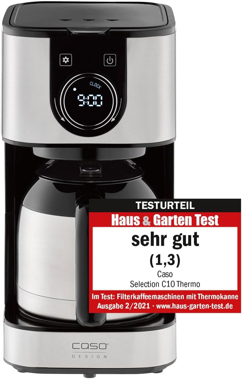 Cafetera CASO Selection C 10 Thermo Design – Carcasa de acero inoxidable, jarra isotérmica de 1,2 l (10 tazas), controles táctiles y temporizador, función Aroma PLUS, filtro permanente, filtro antigoteo