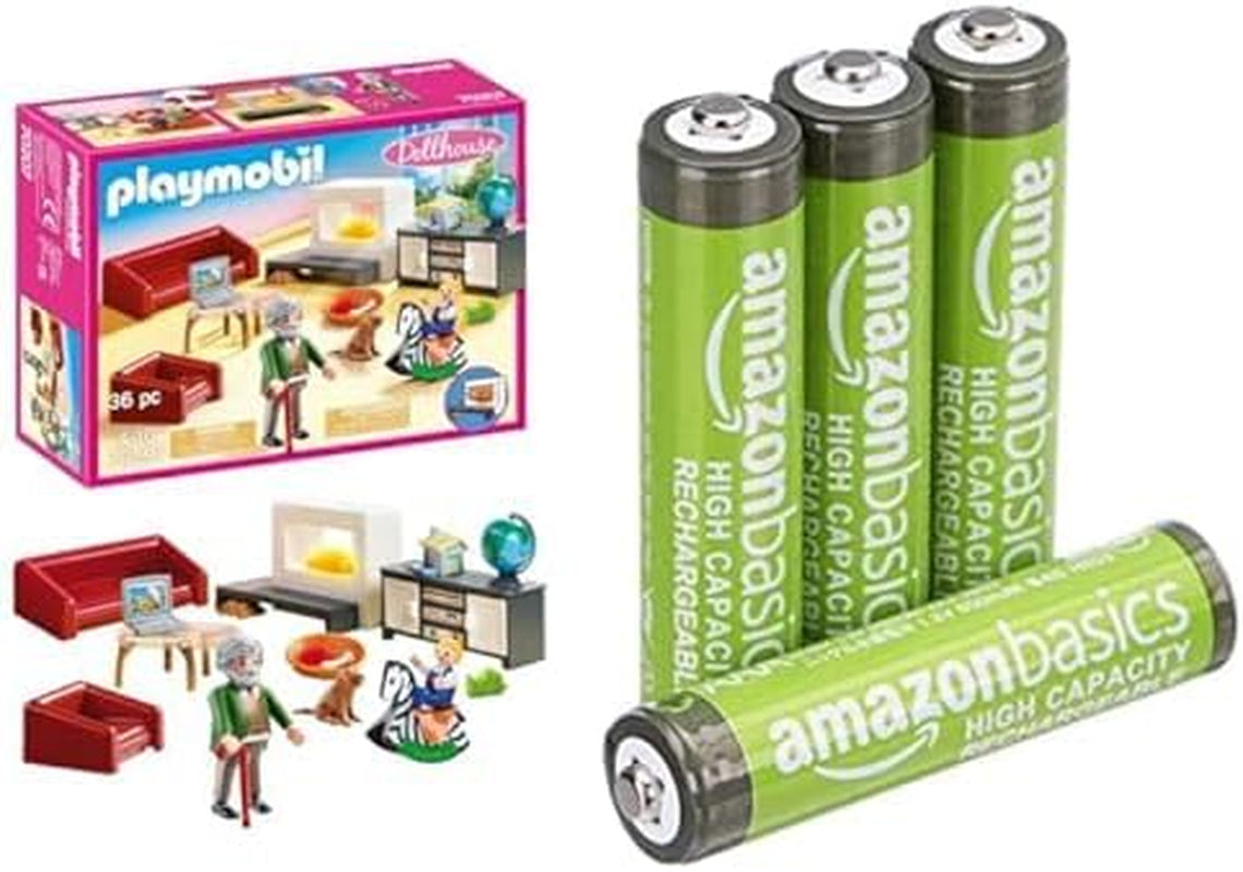 Amazon Basics - Juego de 4 casas de muñecas con iluminación para casa de muñecas, sala de estar, 850 mAh, 4 años o más Pilas AAA