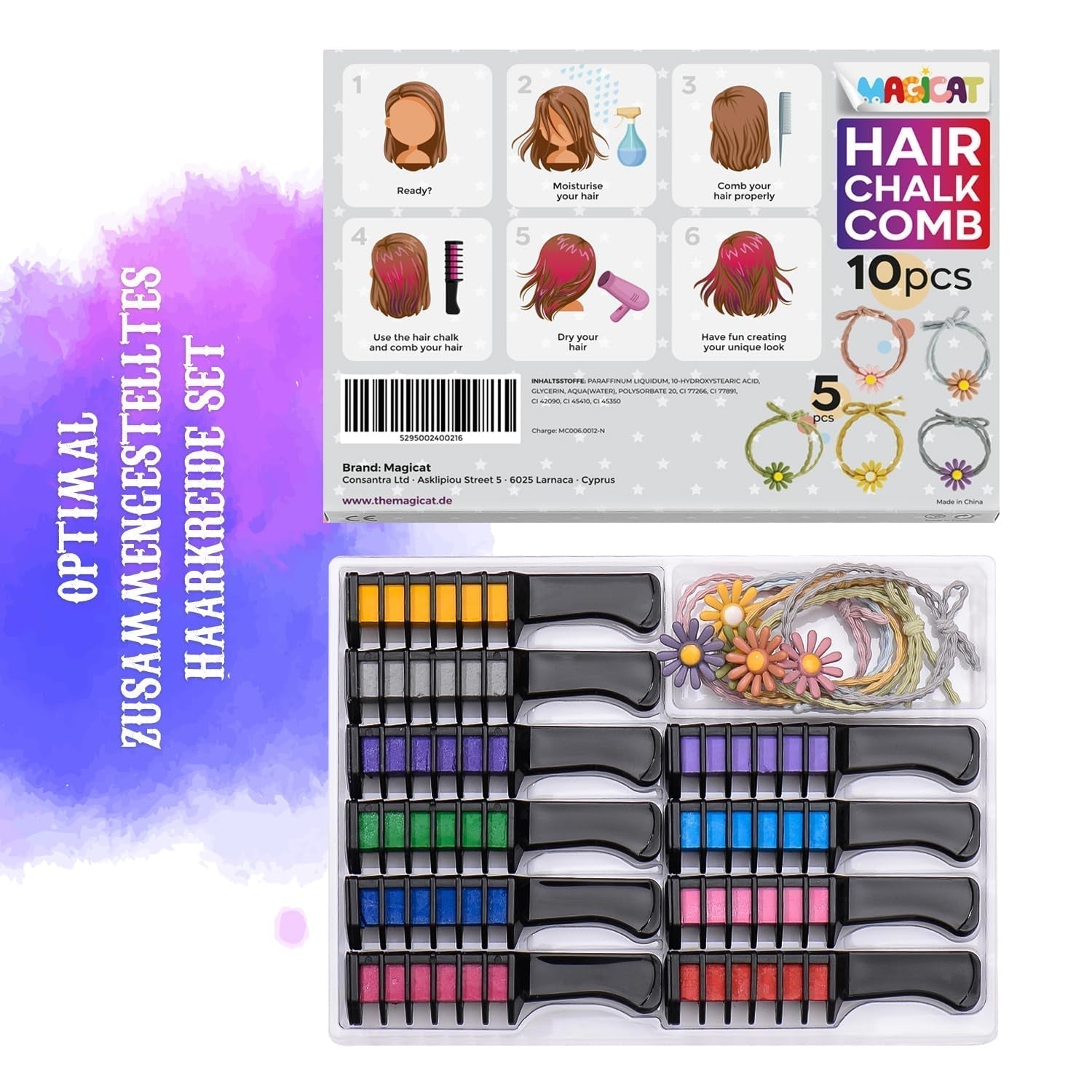 Magicat Tizas para el Cabello para Niña Set I 10 Colores Lavables y 5 Gomas para el Cabello I Regalo para Niñas de 4 a 10 Años I Regalo Creativo para Fiesta de Cumpleaños Infantil 2025 I Colorida y Segura Naty Shop Tinte para el Cabello