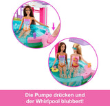 Barbie Dream Pool Playset con seis áreas de juego que incluyen un tobogán y un jacuzzi, además de más de 20 accesorios como una mascota, flotadores y más, JKG83