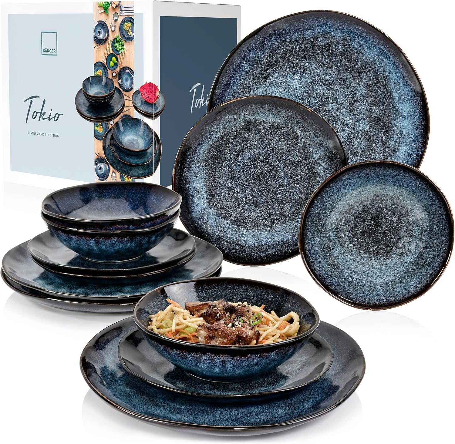 SANGER | Juego de vajilla Tokyo Juego de vajilla de gres de 12 piezas para 4, incluidos platos llanos, platos de postre y tazones, azul oscuro con detalles en negro | LA COLECCIÓN PREMIUM