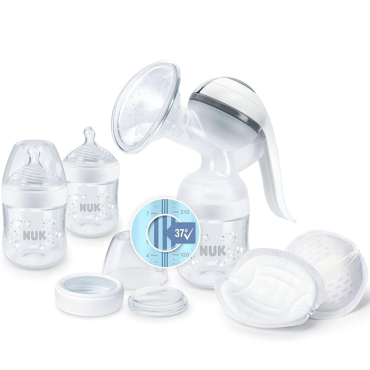 Extractor de leche manual NUK Nature Sense | Set de lactancia con extractor de leche manual, biberones y discos de lactancia Ultra Dry Comfort | 6 piezas Alimentación Bebé y Accesorios Lactancia Naty Shop Individual Con control de temperatura