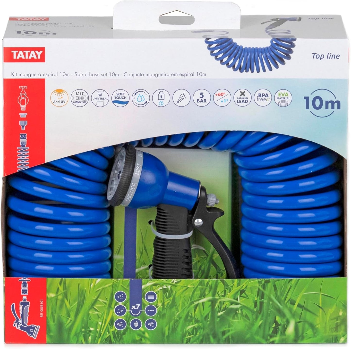 Juego de manguera en espiral TATAY de 10 m con accesorios de plástico con protección UV, ideal para terrazas y pequeños jardines.