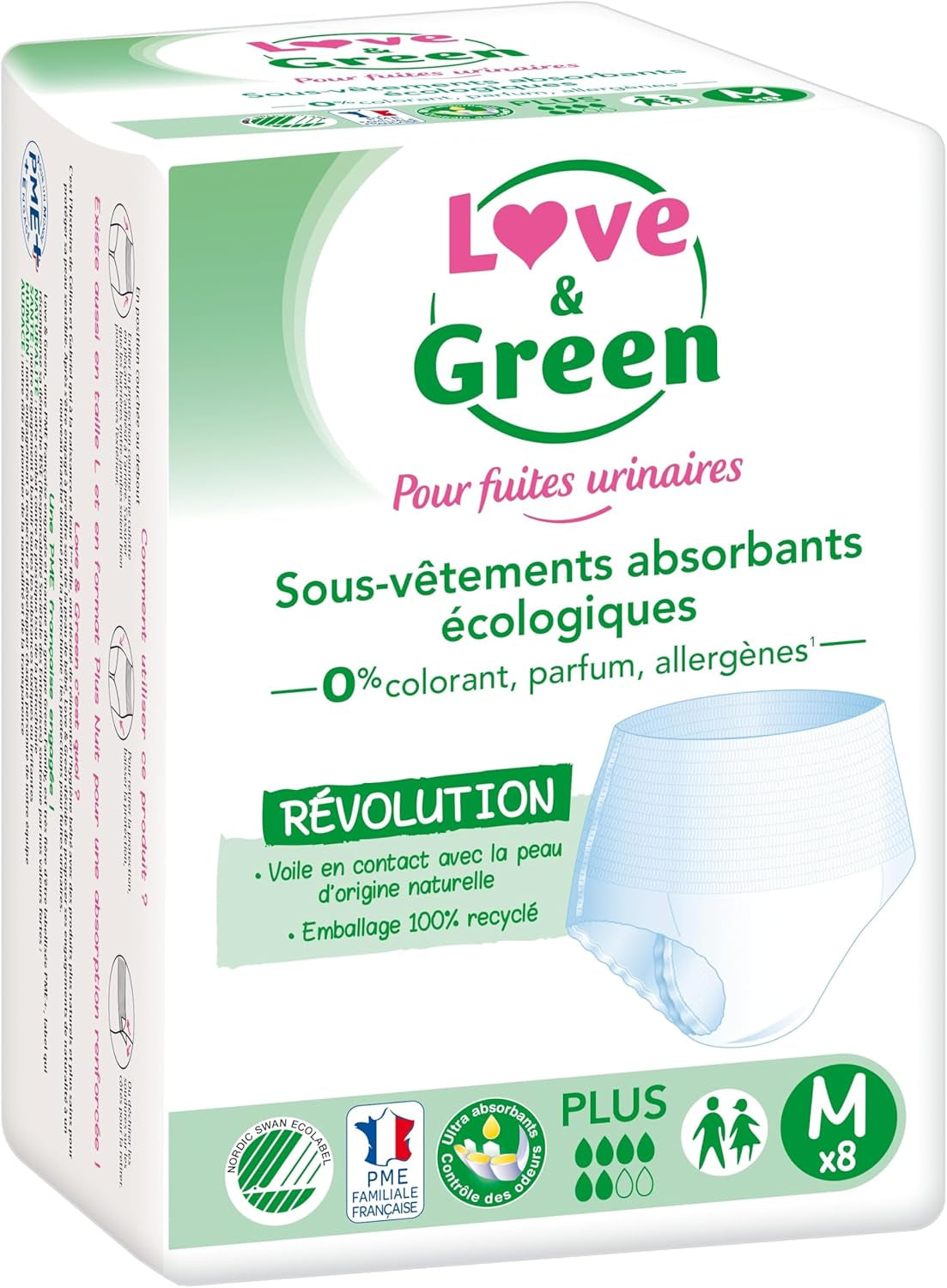 Ropa interior absorbente hipoalergénica y ecológica para adultos, talla M, 8 piezas