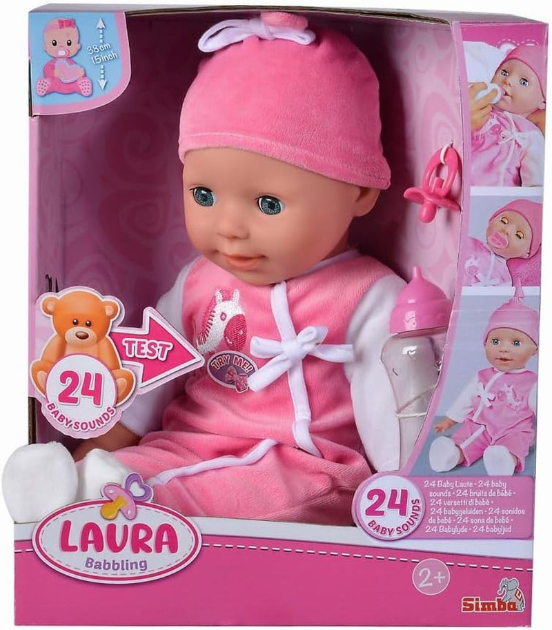 Simba 105140489 - Muñeca Laura Baby Talk, Muñeca de cuerpo suave de 38 cm con ojos soñolientos y mono lindo, 24 sonidos de bebé, Muñeca de juego, Muñeca bebé, Edad 2+