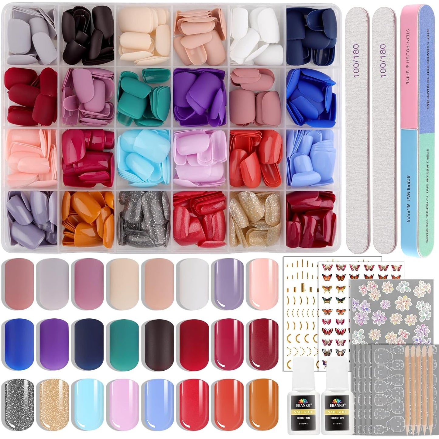 EBANKU 576 uñas cortas con pegamento para uñas, 12 colores de uñas artificiales cortas mate, 8 uñas artificiales cortas brillantes, 4 uñas artificiales con purpurina