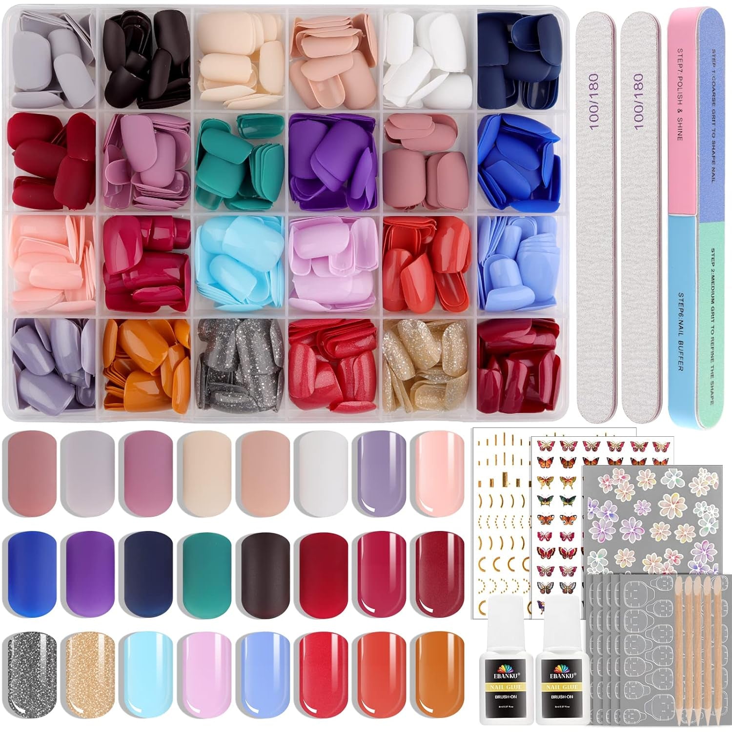 EBANKU 576 uñas cortas con pegamento para uñas, 12 colores de uñas artificiales cortas mate, 8 uñas artificiales cortas brillantes, 4 uñas artificiales con purpurina