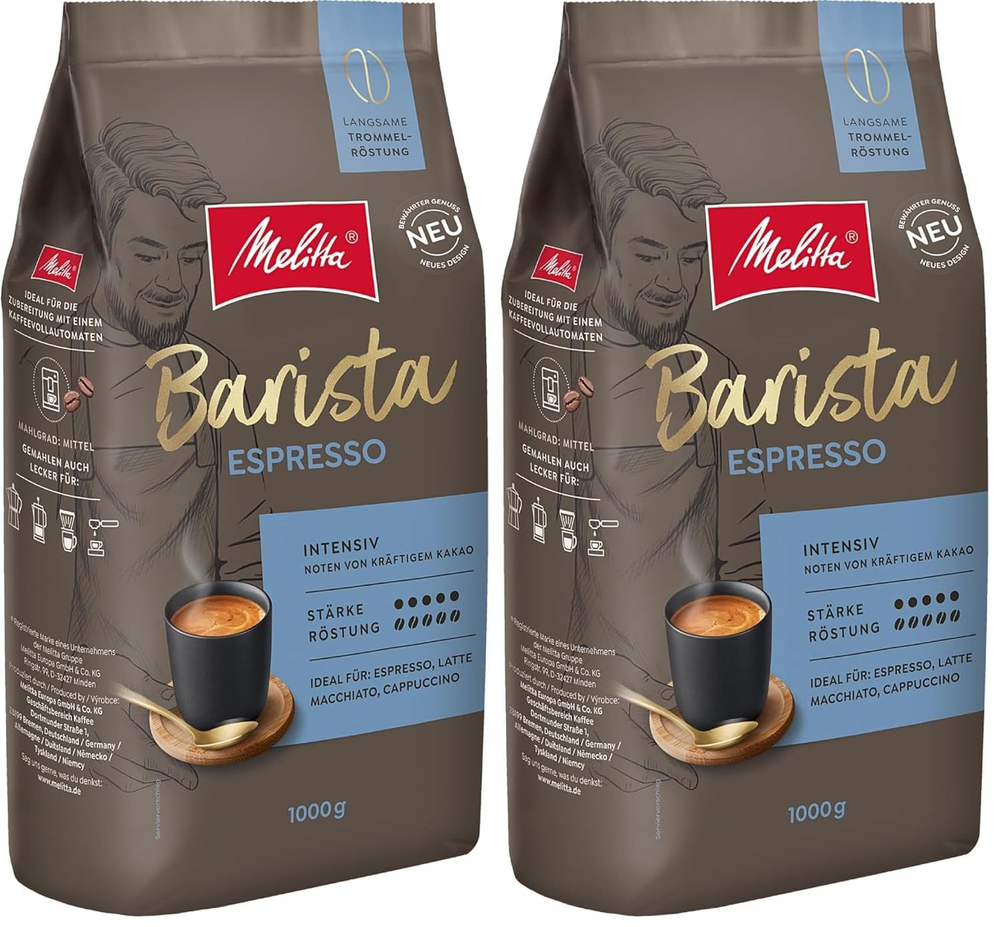 Melitta Barista Classic Espresso, Café En Grano Entero 1kg, Molido, Café en Grano para Máquinas Automáticas Espresso, Tueste Fuerte, Intensidad 5 (Pack de 2)