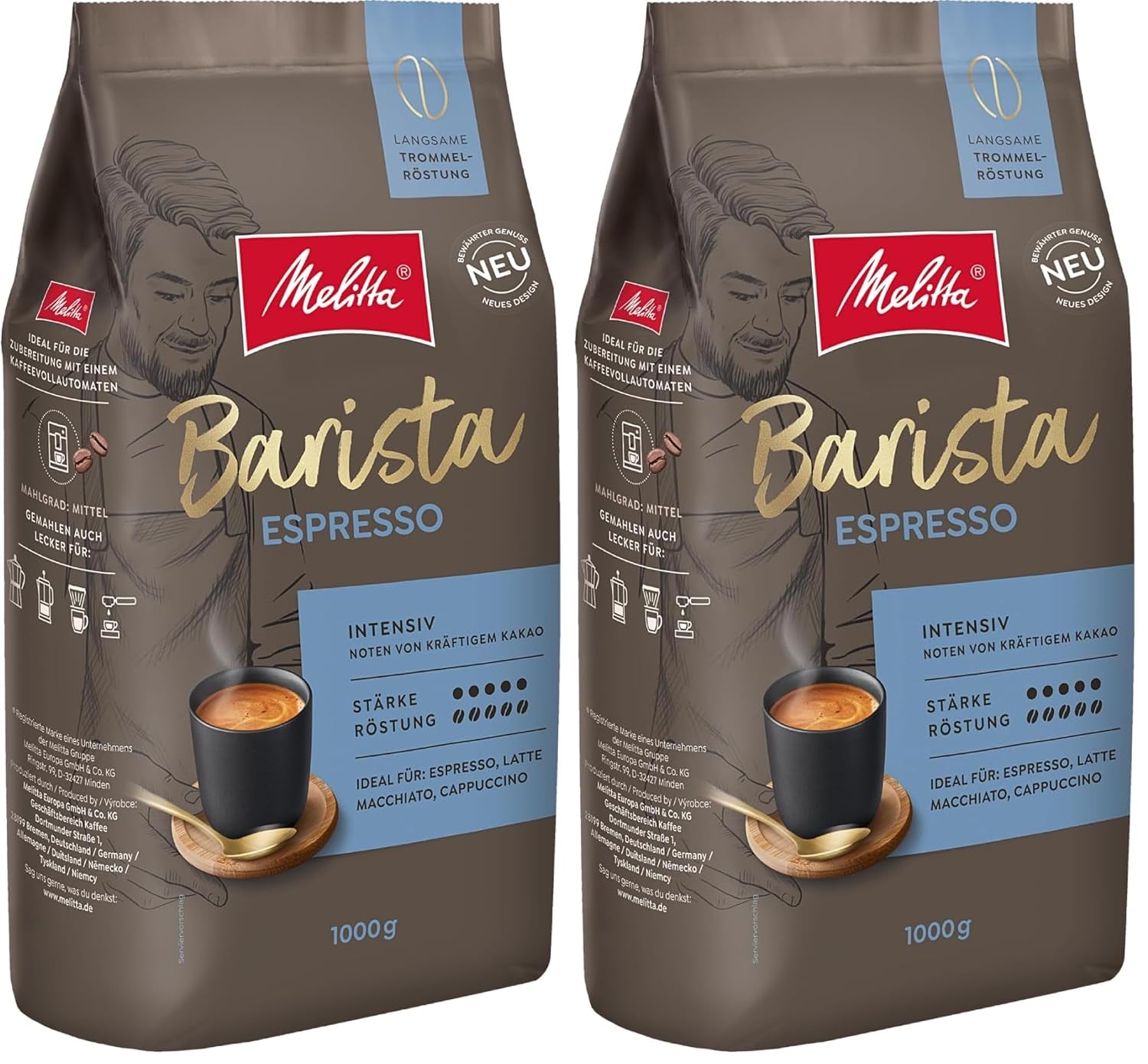Melitta Barista Classic Espresso, Café En Grano Entero 1kg, Molido, Café en Grano para Máquinas Automáticas Espresso, Tueste Fuerte, Intensidad 5 (Pack de 2)