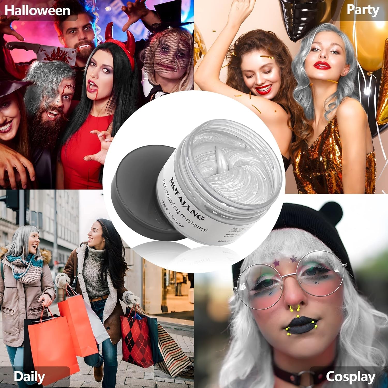 Color de cabello temporal, tono de cabello para peinar para hombres y mujeres, pomada natural para el cabello, cera para teñir el cabello para fiestas, cosplay y Halloween, 4.23 oz (gris plateado) Naty Shop Hair Dye