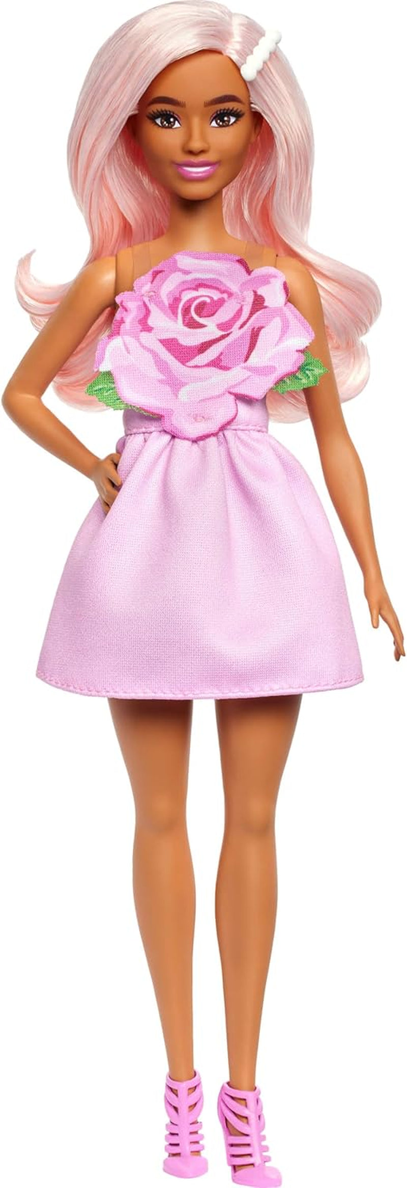 Muñeca Barbie Fashionistas núm. 238 con cabello rosa pastel, vestido palabra de honor con top rosa, pasador de perlas y tacones altos de tiras, HYT94 Naty Shop Dolls