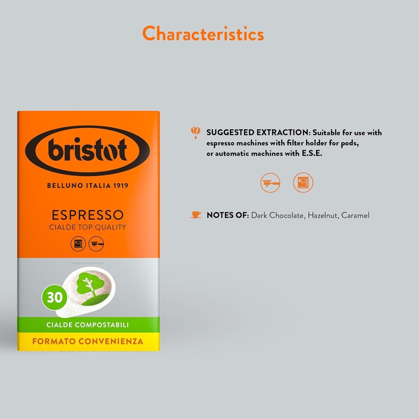 Bristot, 120 Espresso-Kaffeekapseln – eine Mischungen aus Arábica-Kaffee aus Brasilien und Zentralamerika, mit Noten von Zartbitterschokolade, Haselnuss und Caramell – 4 Packungen mit je 30 Kapseln
