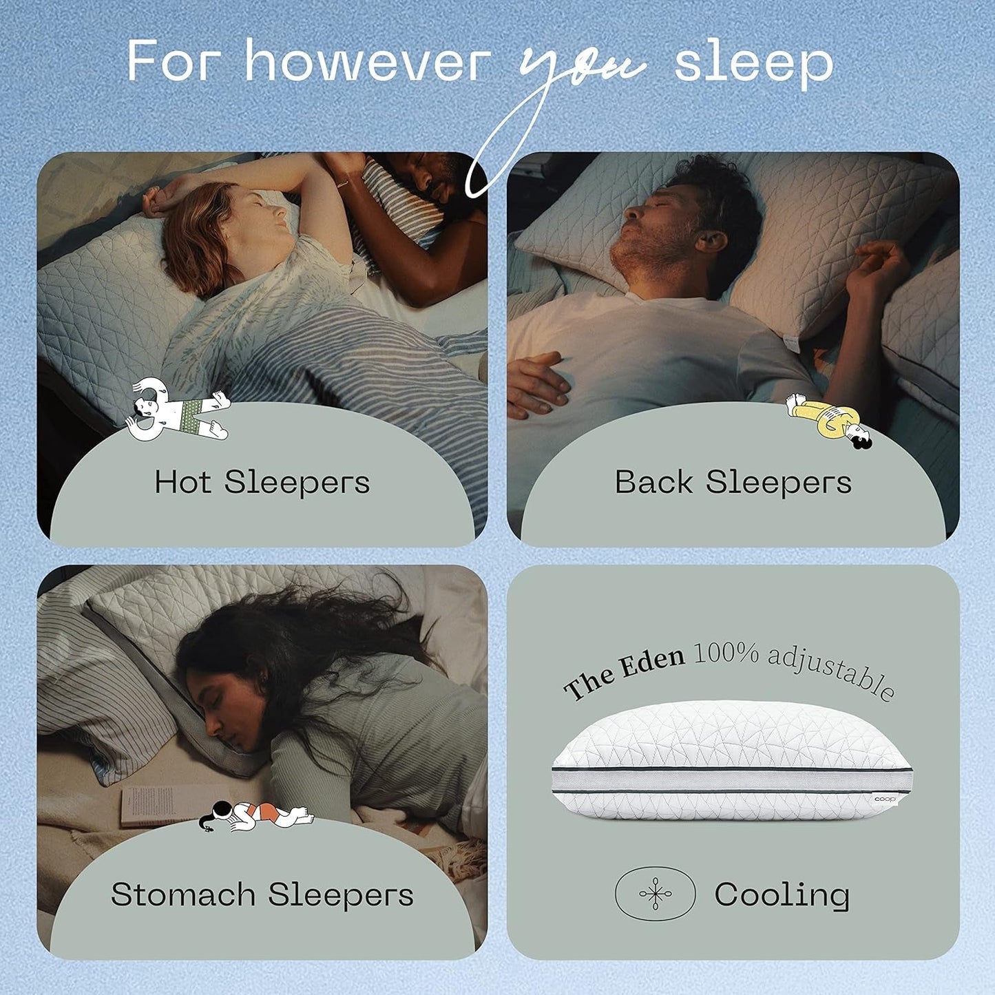 Coop Home Goods Eden Cool Almohada ajustable Tamaño King Espuma viscoelástica con gel ajustable Tejido Lulltra suave y transpirable Ideal para todos los que duermen Respetuoso con el medio ambiente Almohadas estándar Naty Shop