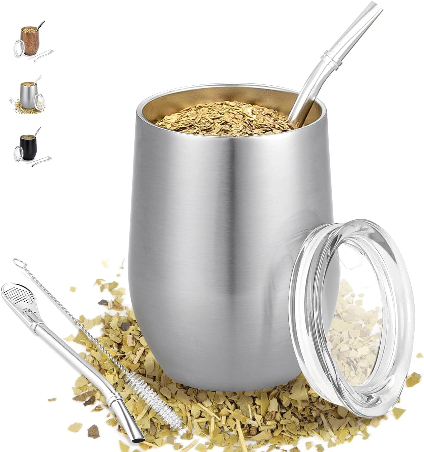 Taza Mate Moderna 340ml, Juego de Tazas de Yerba Mate de Acero Inoxidable con Doble Pared Aislante, Taza de Té Mate con Tapa Libre de BPA, Bombillas y Cepillo de Limpieza (Plata)