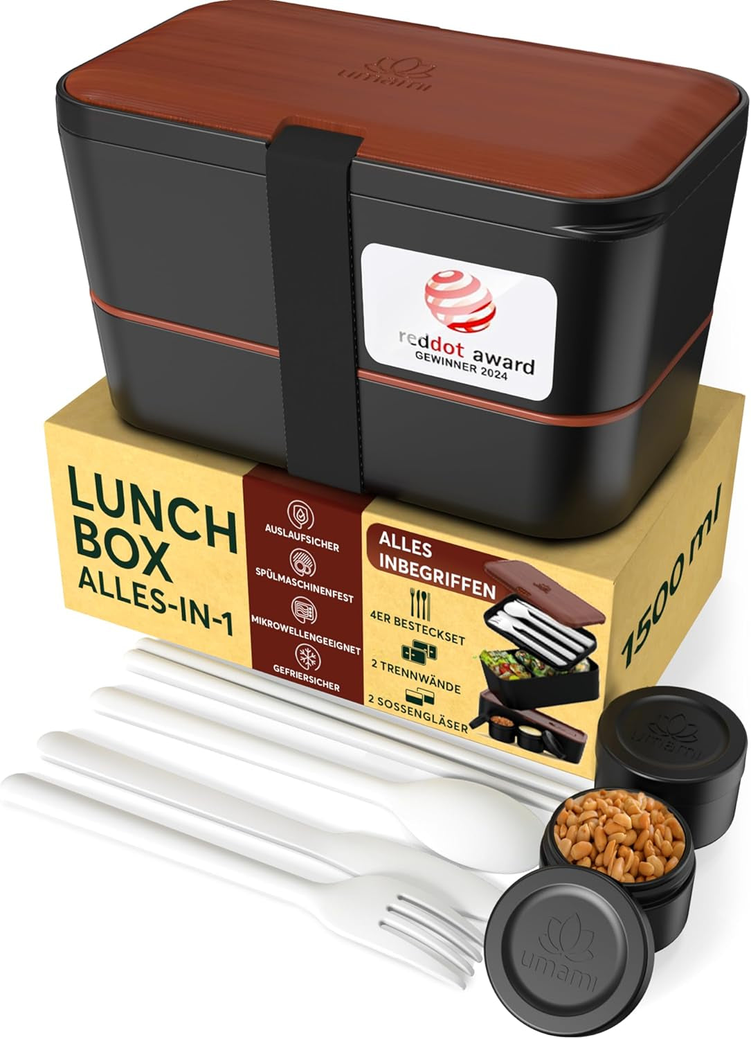 Umami Fiambrera para Adultos, Fiambrera Bento Apilable con 4 Cubiertos y Compartimentos, Fiambrera para Adultos, Ensaladera para Llevar, Fiambrera para Picnic/Oficina, Gris Antracita, Cajas de Almacenamiento de Alimentos 1500ml Naty Shop Sapele Negro L - 1500 Ml Apilables Una Dentro De Otra