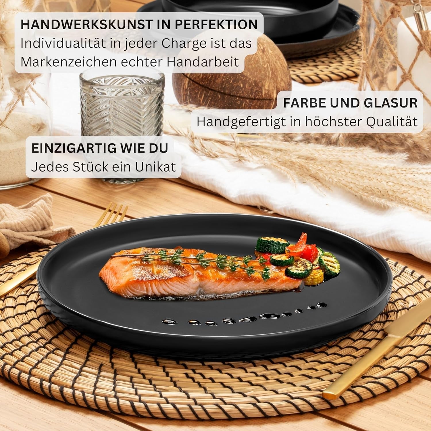 SÄNGER Madeira | Juego de vajilla combinada de 24 piezas, juego de vajilla de gres para 6 personas, 6 platos llanos, 6 platos de desayuno, 6 platos llanos, 6 tazones para pasta, juego de vajilla y tazones, negro mate | LA COLECCIÓN DE VALOR