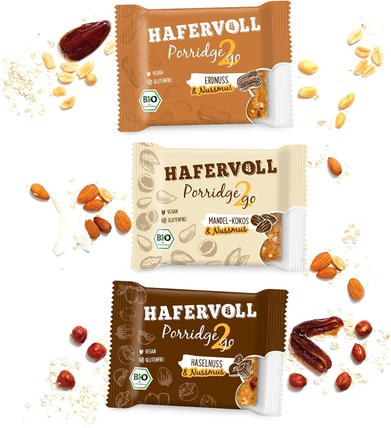 Hafervoll Porridge2go Mantequilla de maní y nueces, 13 barras x 55 g - Snack vegano, orgánico, sin gluten, sin azúcares añadidos, con avena, dátiles y caramelo de quinua