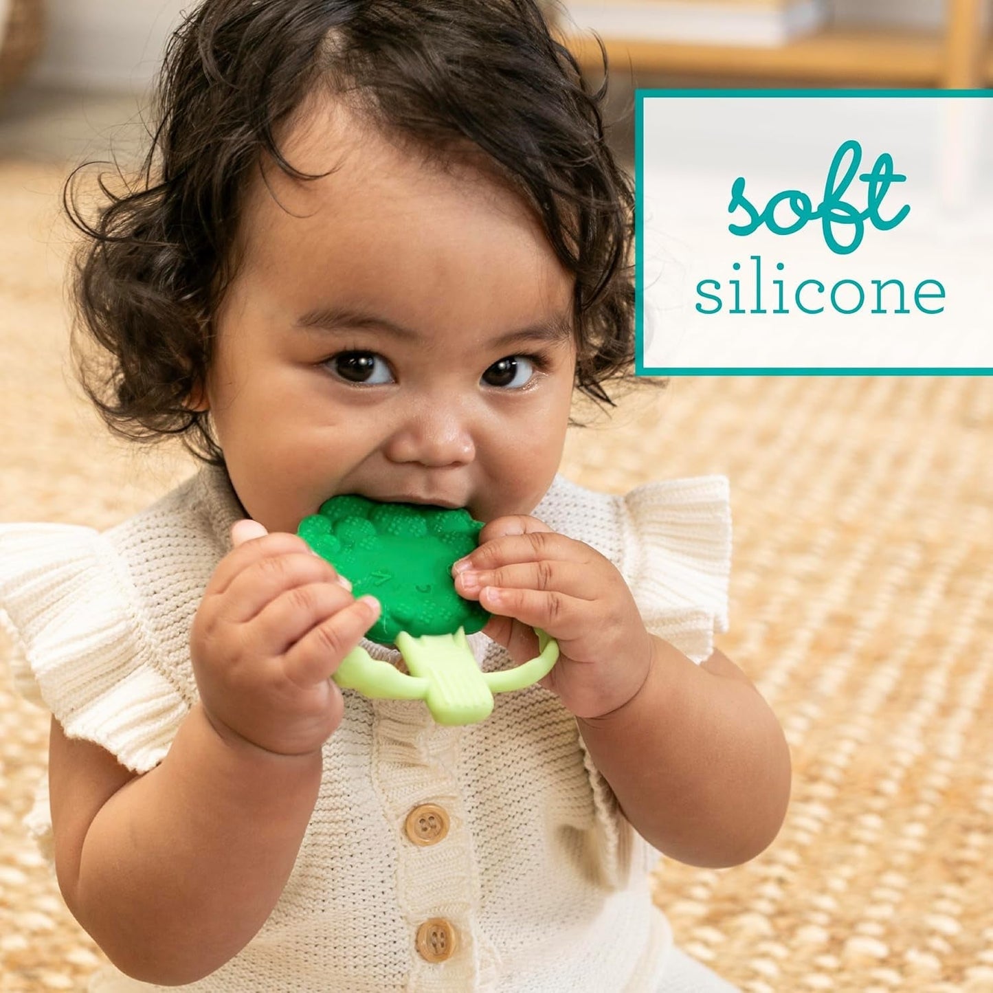 Infantino Lil' Nibbles, Mordedor de silicona texturizada, juguete mordedor para bebé sin BPA, suave, fácil de sostener, estimulación sensorial para bebés, brócoli