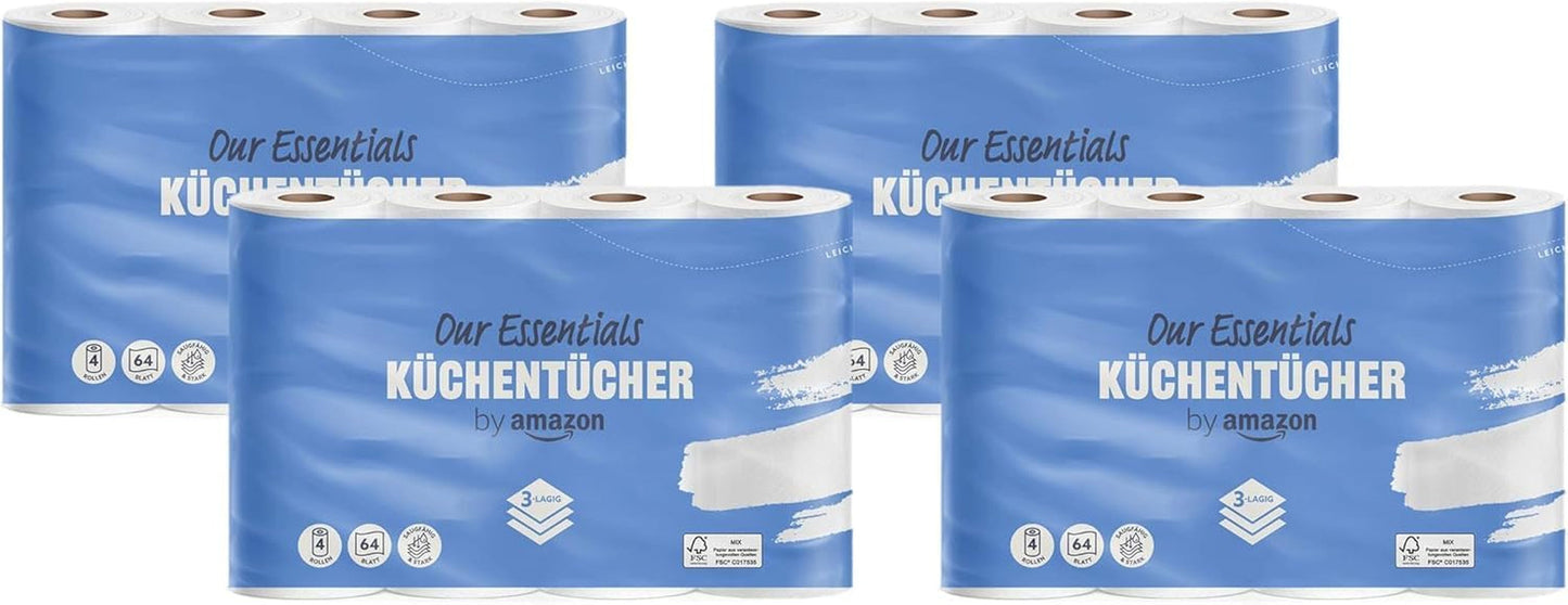 By Amazon Rollo de cocina, 3 capas, 16 rollos (4 rollos, paquete de 4), 64 hojas por rollo, certificado Fsc