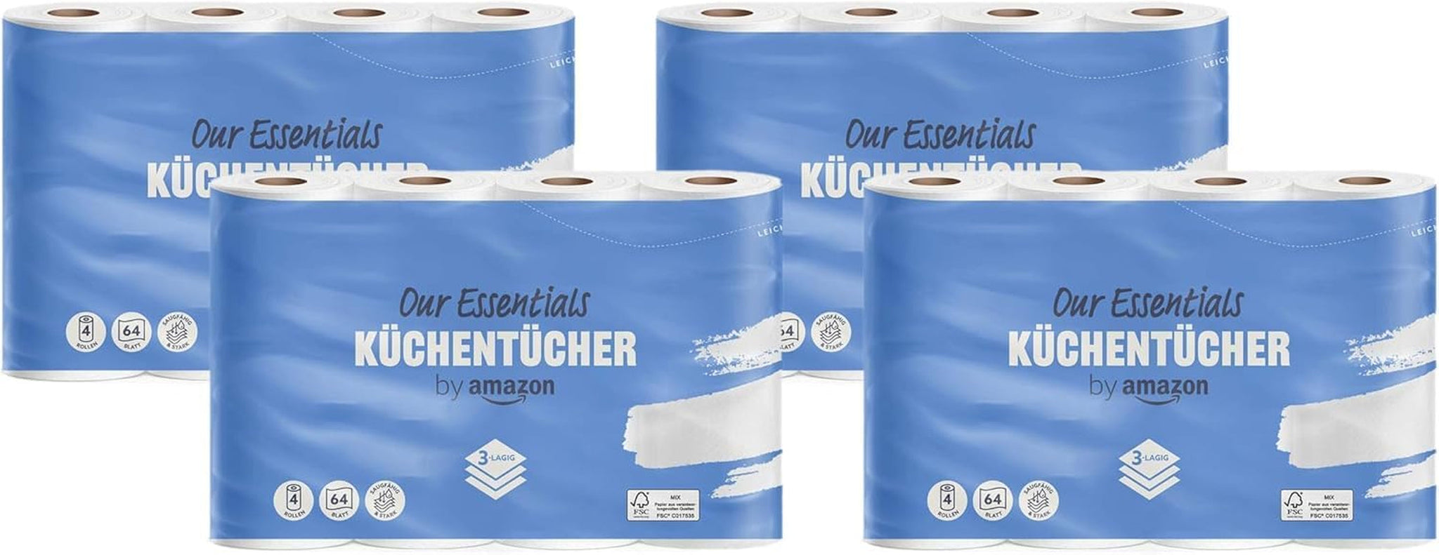 By Amazon Rollo de cocina, 3 capas, 16 rollos (4 rollos, paquete de 4), 64 hojas por rollo, certificado Fsc