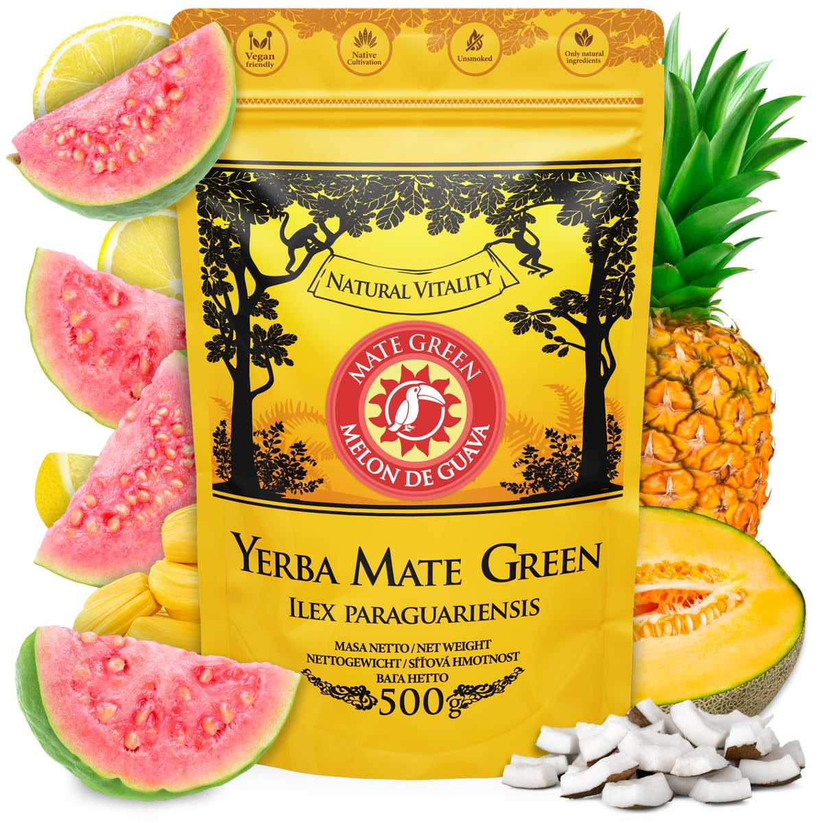 Yerba Melon De Guava 500G – Té brasileño de yerba mate con melón, guayaba, yaca, piña y coco - Exótico y afrutado - Secado al aire, Vegano