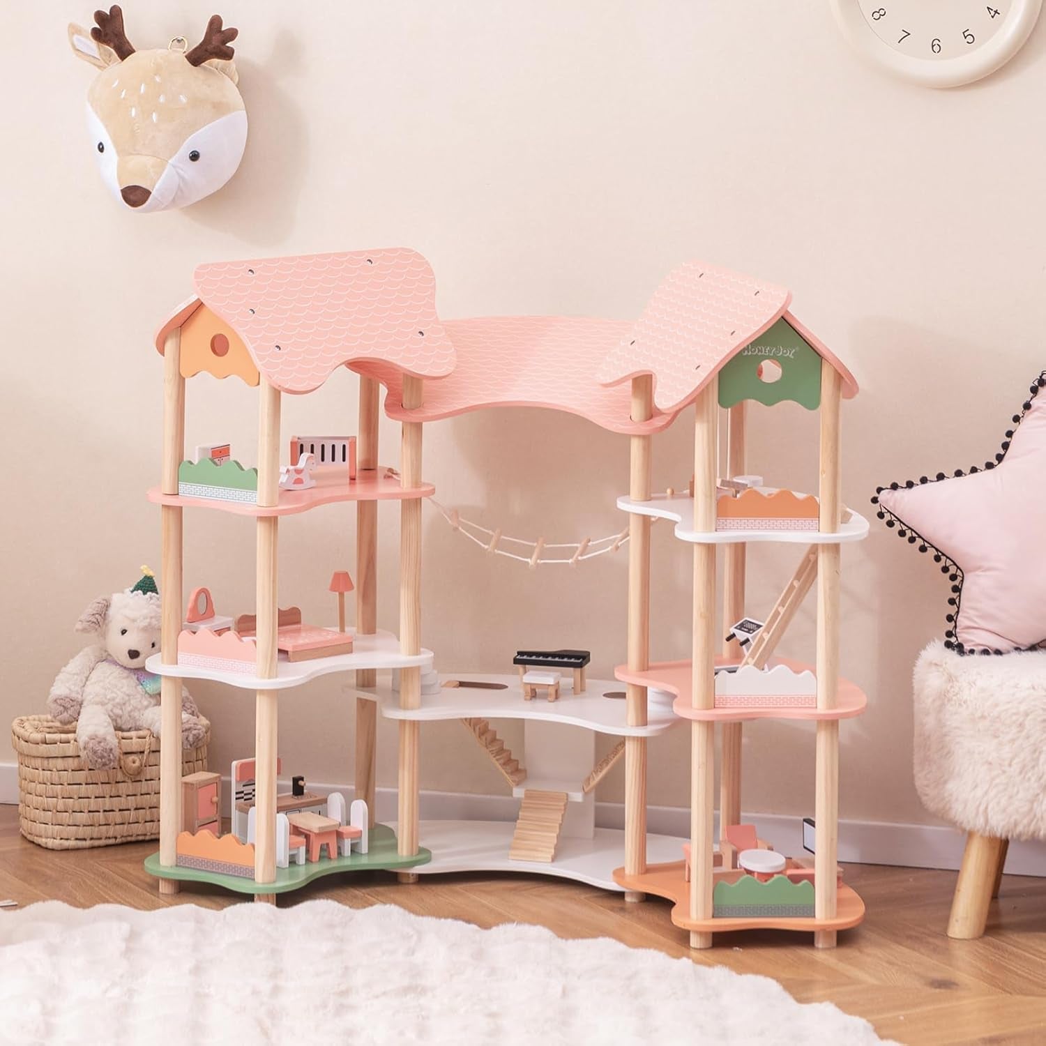FANTASK Casa de Muñecas de Madera, Casa de Muñecas de 85 cm de Alto 7 Habitaciones con 32 Muebles y Accesorios, Casa de Muñecas con Escalera de Cuerda, Casa de Muñecas Regalo para Niñas de 3 Años (Modelo 3) Naty Shop Casas de Muñecas