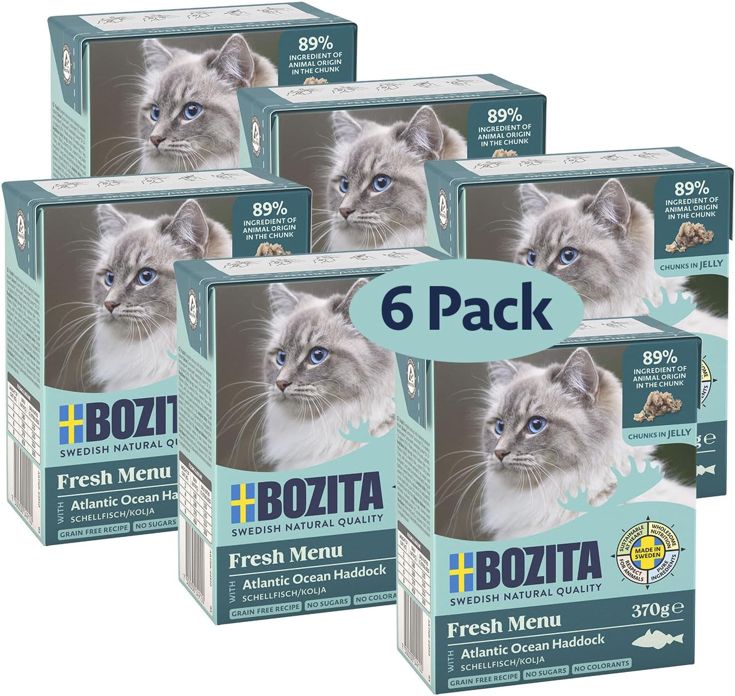 Bozita Tetra comida húmeda con eglefino en gelatina - 6 x 370 g comida para gatos sin cereales, sin azúcares añadidos y sin OGM - equilibrada, deliciosa, con un 7,5% de proteínas y un 5% de grasas