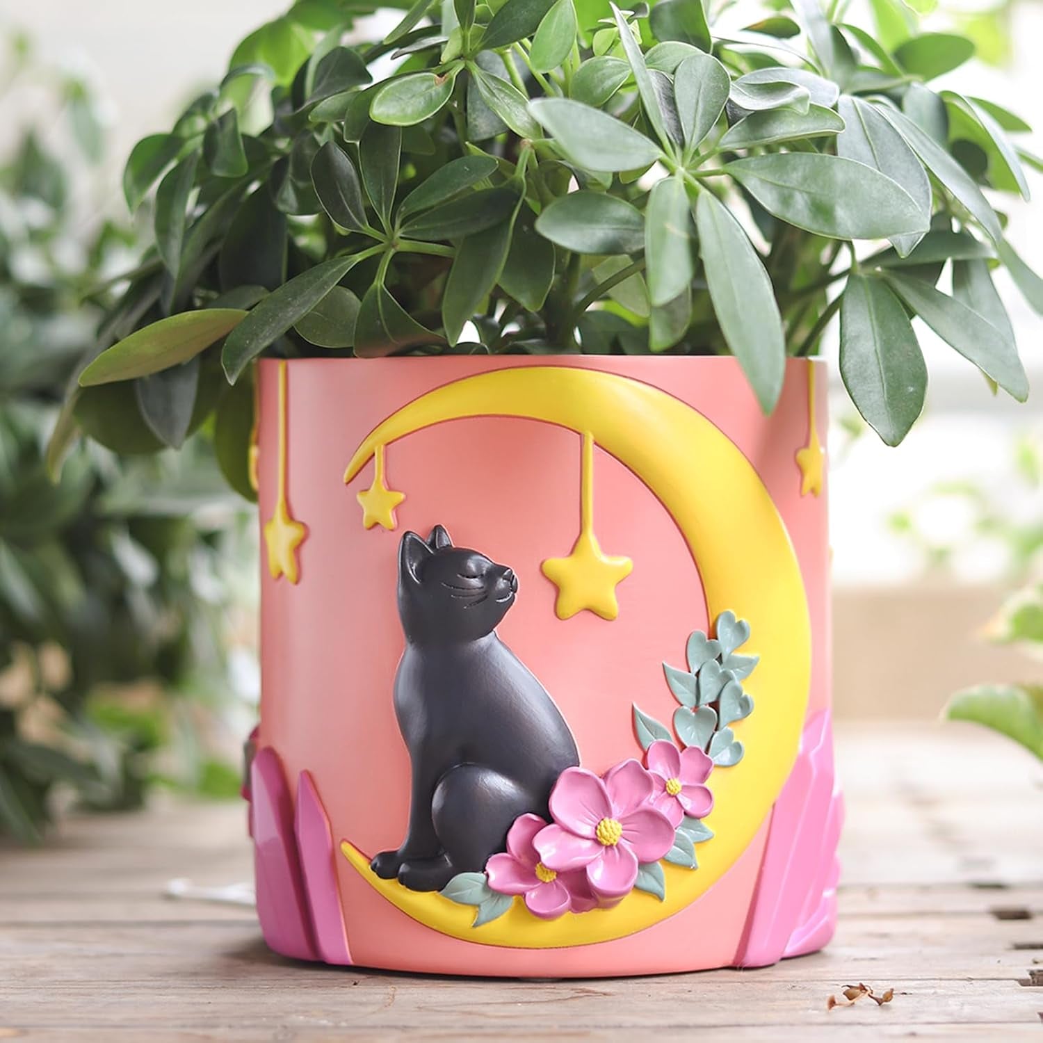 GUGUGO Lindas macetas para gatos con forma de luna, maceta única con drenaje, colores del arco iris, macetas pequeñas para plantas de interior, divertidas macetas de jardín suculentas, regalo, decoración del hogar (C)