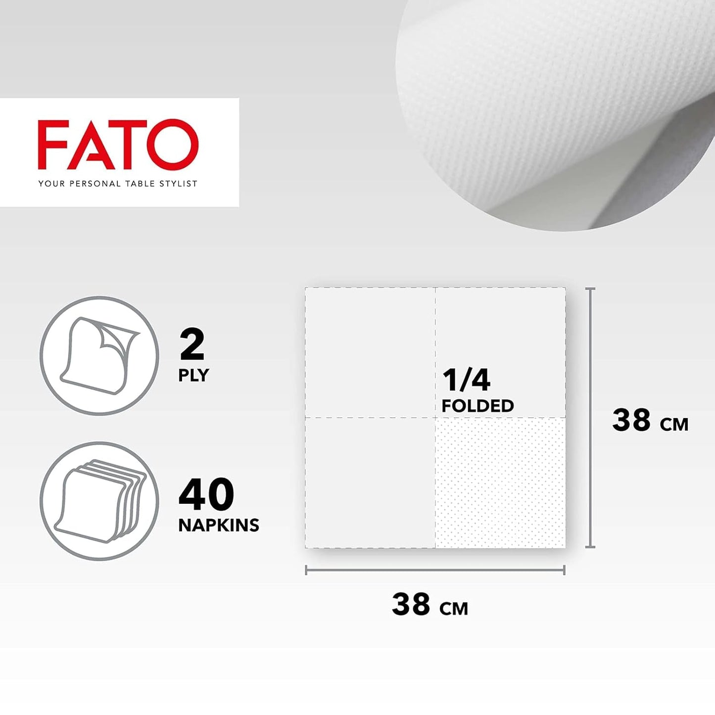 , Servilletas de papel desechables suaves y delicadas Paquete de 40 servilletas Tamaño 38X38 Dobladas en 4 2 capas Color blanco Papel de celulosa 100% pura Certificados Fsc (paquete de 3)