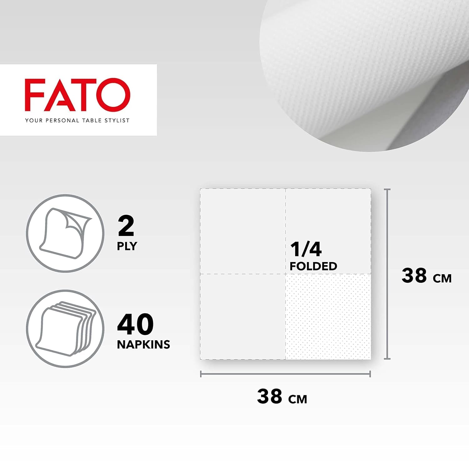 , Servilletas de papel desechables suaves y delicadas Paquete de 40 servilletas Tamaño 38X38 Dobladas en 4 2 capas Color blanco Papel de celulosa 100% pura Certificados Fsc (paquete de 3)