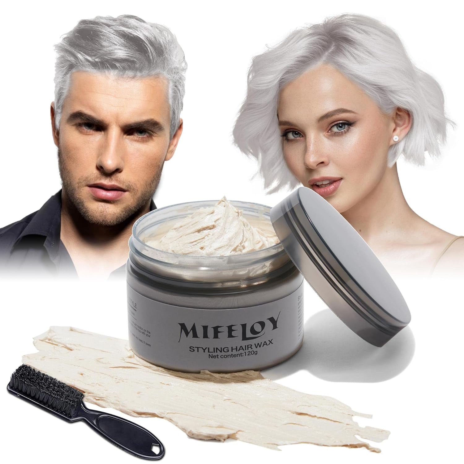 Tinte para el cabello morado de 4.23 oz, color de cabello temporal con cepillos, cera para el tono del cabello para hombres y mujeres, crema para el cabello instantánea, pomada de peinado natural, DIY Cosplay, cera para el cabello de Halloween, tinte para el cabello Naty Shop blanco