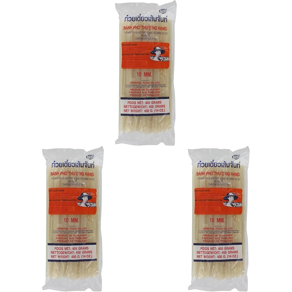 Fideos de arroz - tailandeses, fideos de arroz de 10 mm de ancho, hechos con harina de arroz, rectos - 1 x 400 g (paquete de 3)