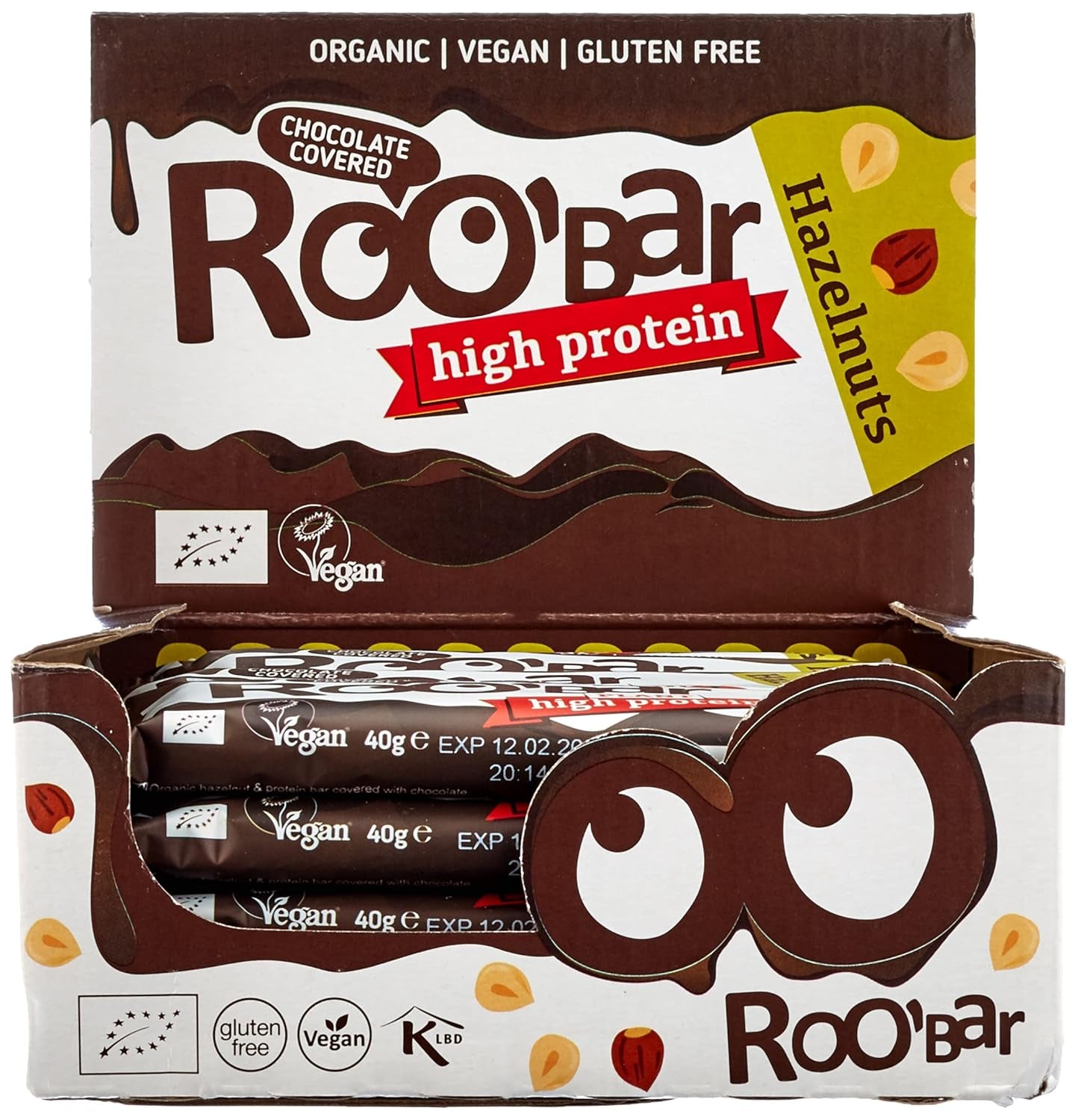 Barras de avellanas glaseadas con chocolate con alto contenido proteico - 100% orgánicas, veganas, barras de frutas, sin lácteos, sin gluten, sin azúcar refinada - 16 barras x 40 g