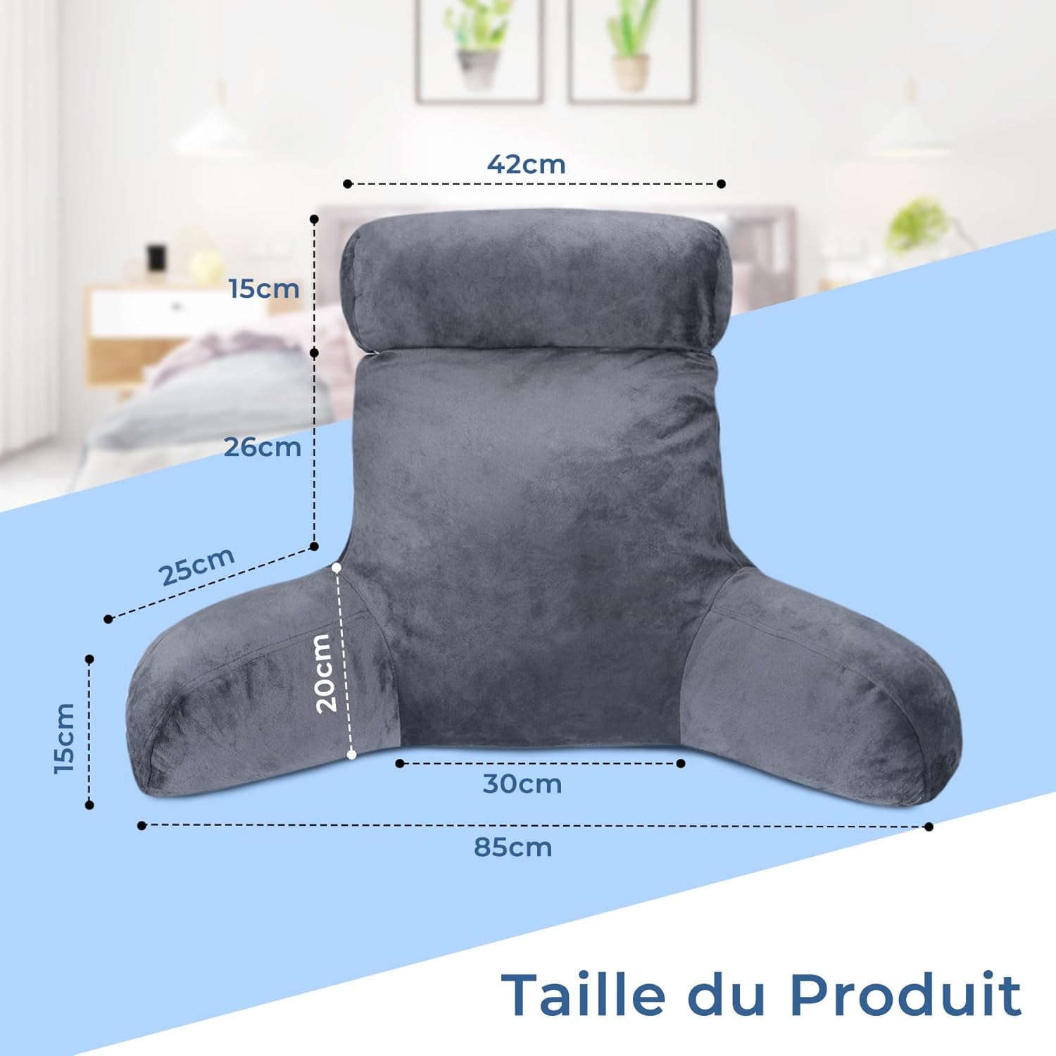 INFANZIA almohada de lectura ergonómica con reposabrazos, respaldo viscoelástico, gris, M