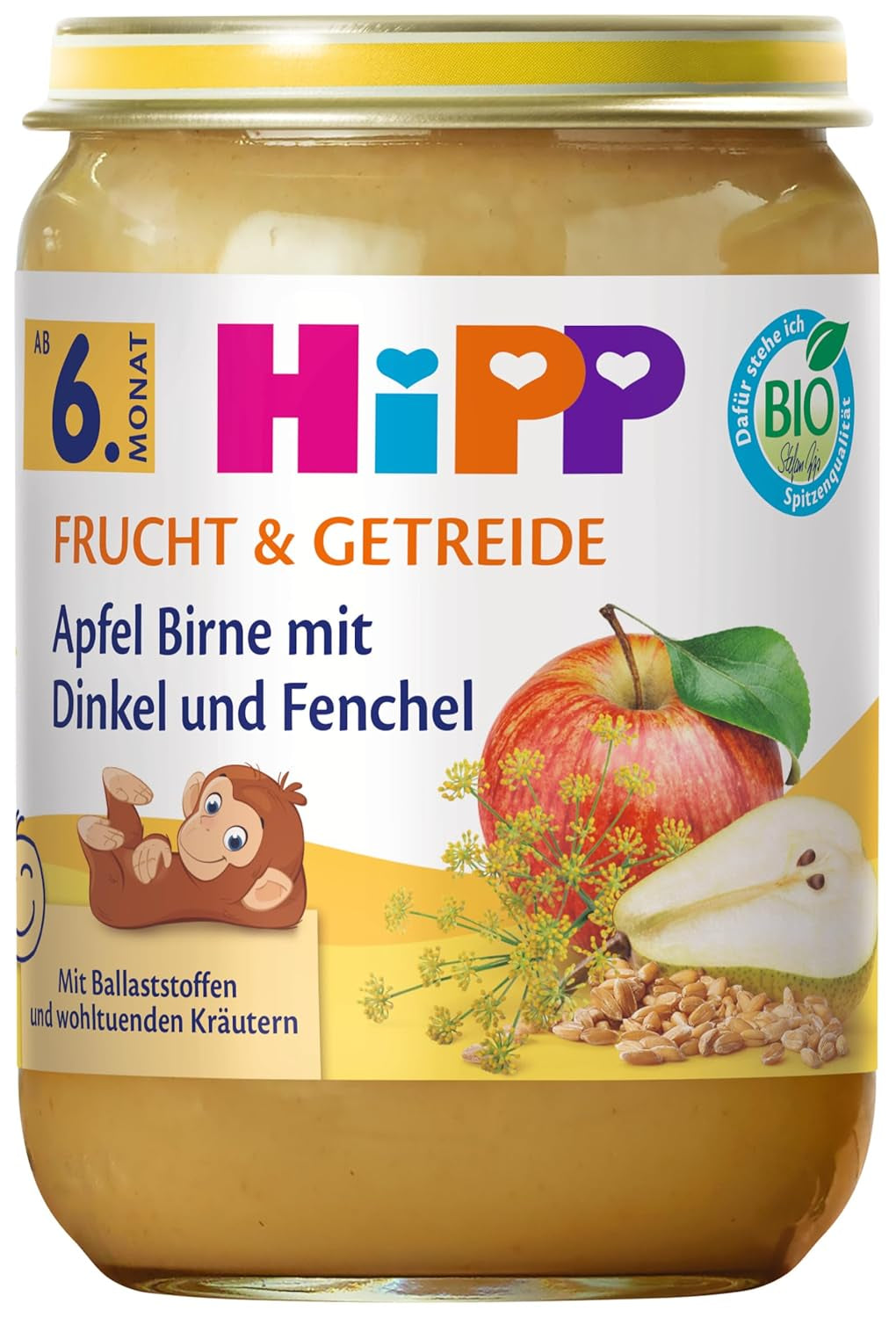 HiPP Bio Apple Birne mit Dinkel und Fenchel (6 x 190 g), ab 6. Monat, mit Bio-Vollkorngetreide und wohltuenden Kräutern, nur natürliche Süße aus Früchten, in best Bio-Qualität
