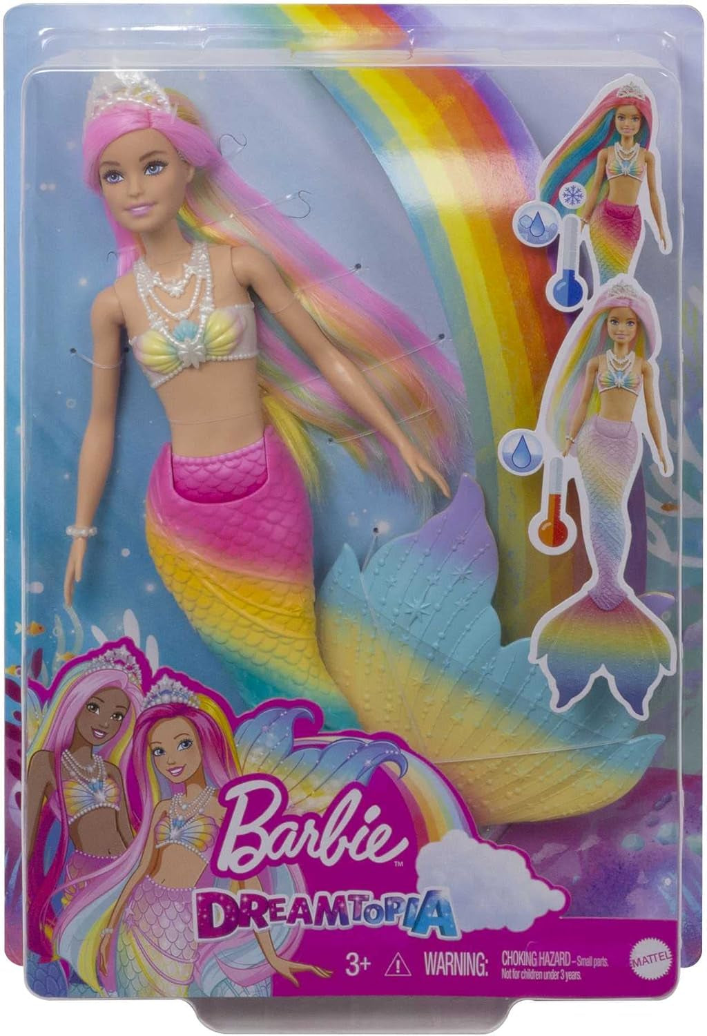 Barbie Dreamtopia Rainbow Magic Mermaid, Barbie sirena con pelo de arcoíris, muñeca que cambia de color, activado por agua, juguete para edades de 3 años en adelante, regalo para niñas, GTF89
