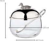EDZARD Tarro de mermelada de pato (Ø 10 cm) de plata y cristal - Caja y cuchara - Cuenco, azucarero, queso - Tarro de mermelada con tapa, almacenaje con tapa, caja de regalo con cerradura