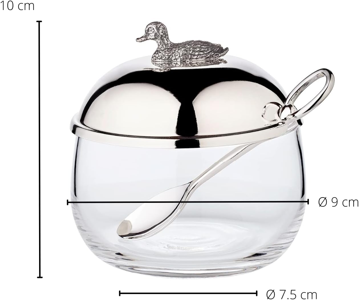 EDZARD Tarro de mermelada de pato (Ø 10 cm) de plata y cristal - Caja y cuchara - Cuenco, azucarero, queso - Tarro de mermelada con tapa, almacenaje con tapa, caja de regalo con cerradura