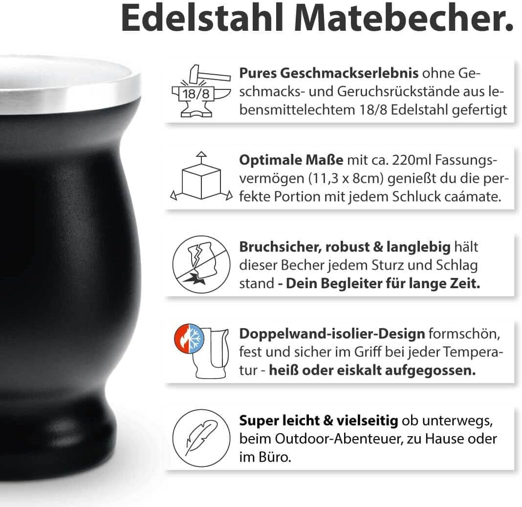 Juego de Té Mate Bio ● 3 Surtidos de Mate + 2 Mates de Acero Inoxidable de Doble Pared + 2 Bombillas + Instrucciones de Preparación (Negro)