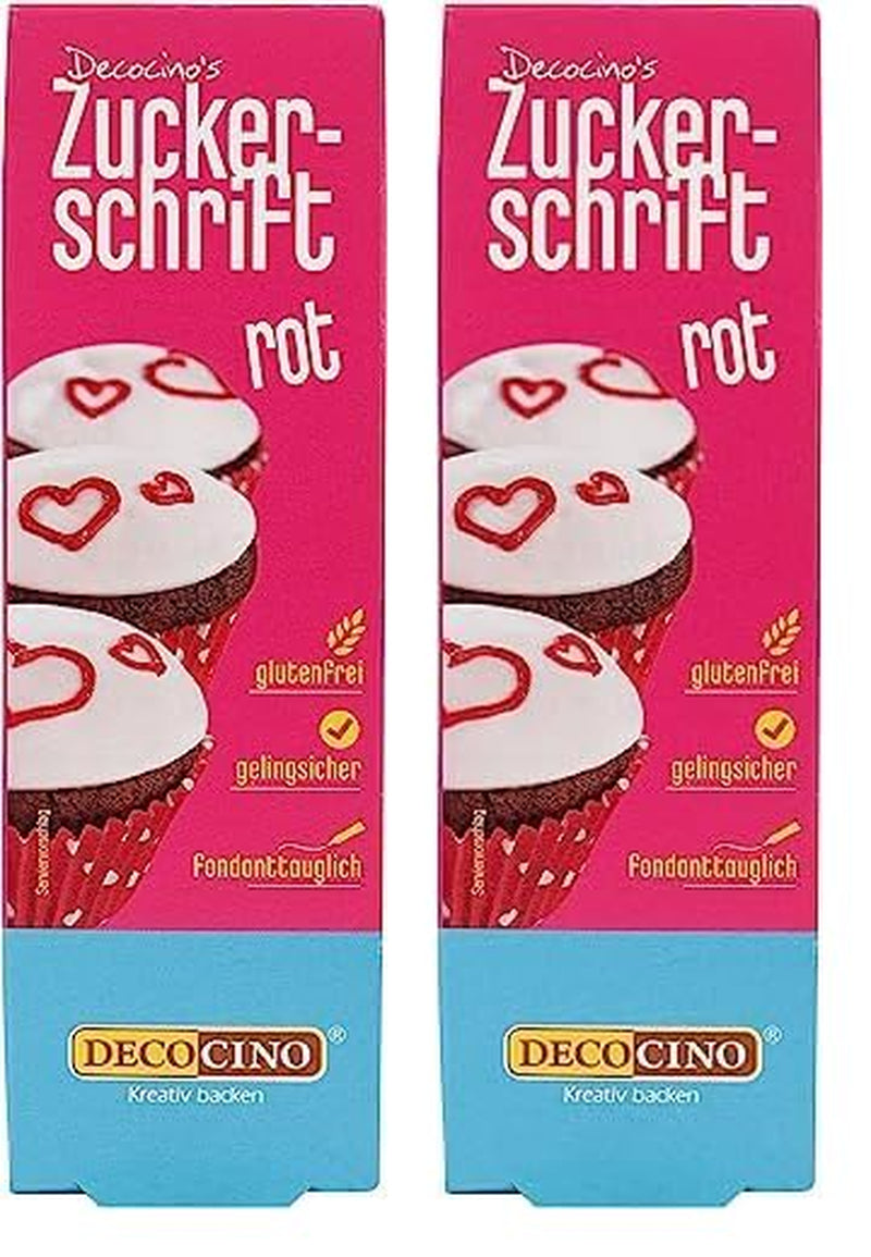 Decocino Letras de azúcar rojo - Letras para colorear alimentos - Práctico tubo para etiquetar fondant y glaseado - ¡Decoraciones para hornear pasteles, tartas y cupcakes! (Paquete de 2)