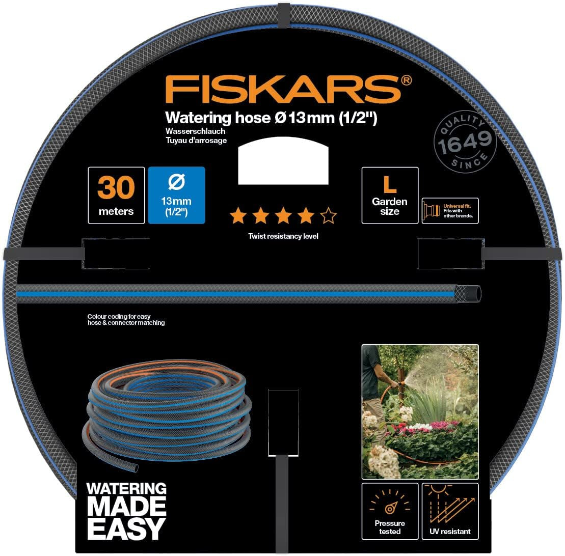 Fiskars L Manguera de agua, Protección UV, Prueba de presión, Rigidez torsional Nivel 4 (de 5), 30 m, Ø 1,3 cm (1/2"), 4,2 kg, Negro/Naranja/Azul, 1027105