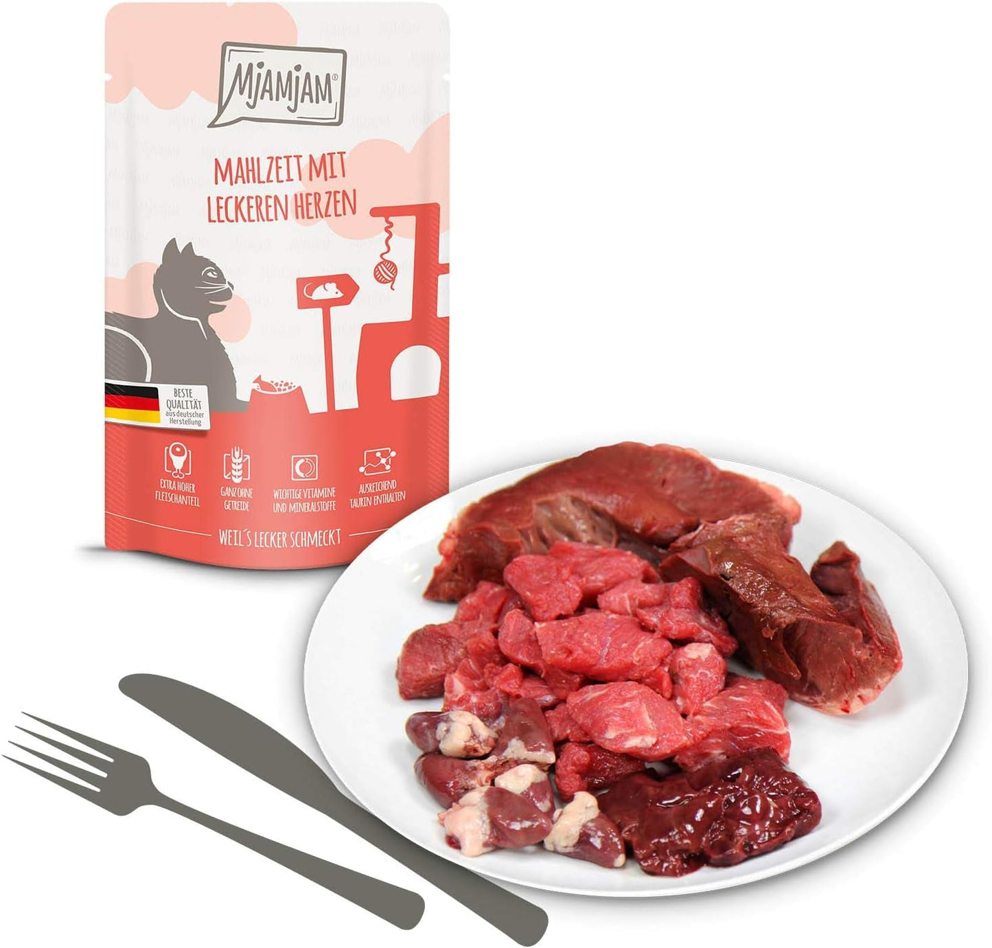 MjAMjAM - Comida húmeda premium para gatos - Paquete mixto I - Pollo, ternera y corazones Paquete de 12 (12 x 125 g), sin cereales y con carne extra