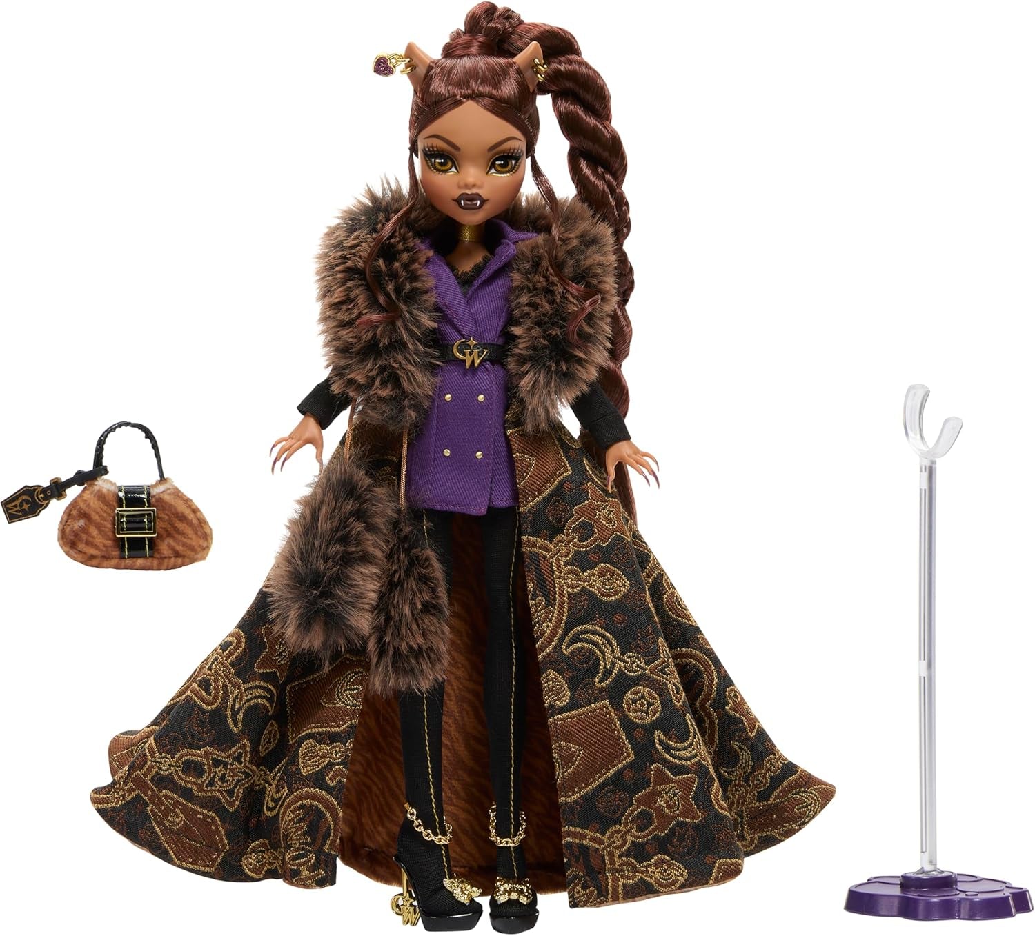 Monster High Doll House of Wolves Figura coleccionable de Clawdeen Wolf con abrigo de jacquard de piel sintética, chaqueta morada, vestido, pantalones dorados y accesorios JDR66
