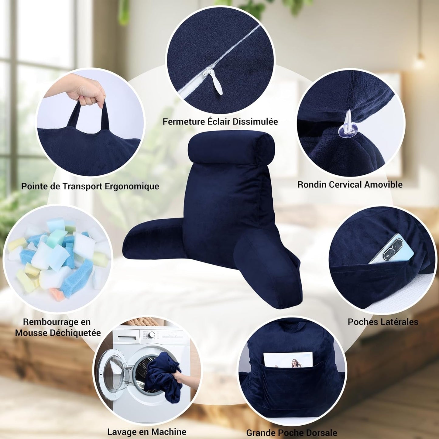 INFANZIA Almohada de lectura con reposabrazos, viscoelástica, soporte ergonómico para sofá y cama, azul marino