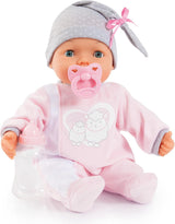Bayer Design 93829AA My Piccolina muñeca interactiva con función, Muñeca que habla, Mueve la boca, 38 cm, Chupete, Biberón, Rosa, Gris