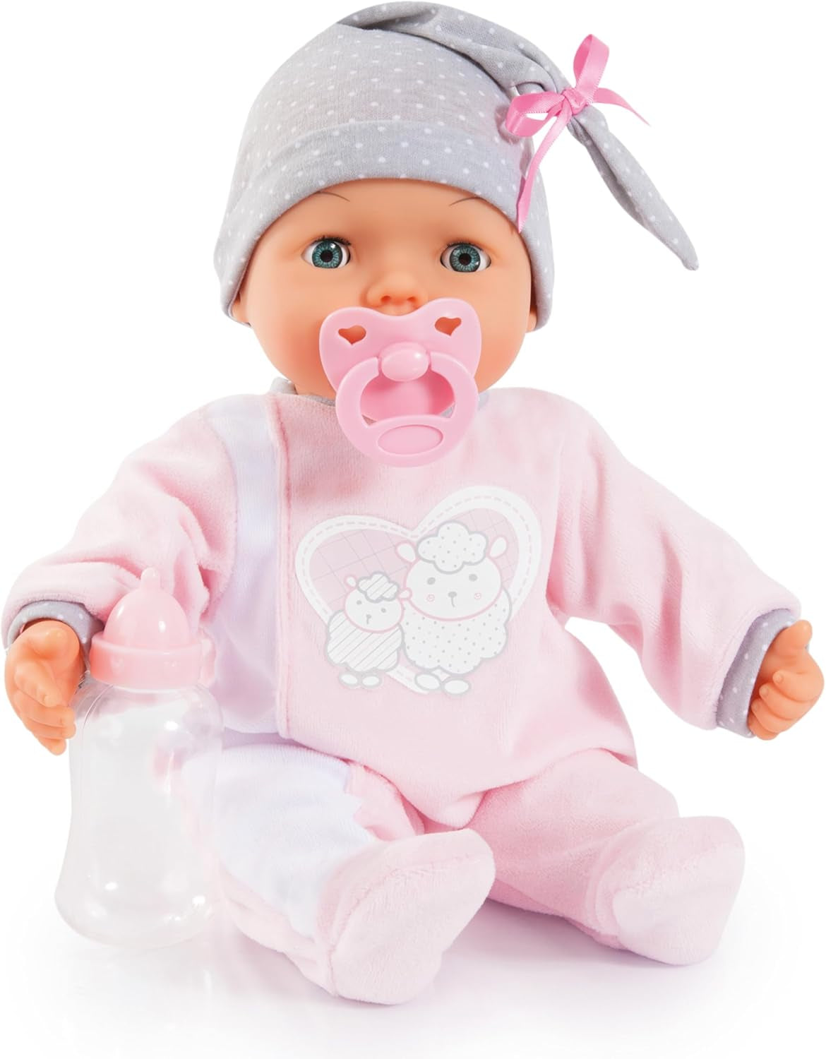 Bayer Design 93829AA My Piccolina muñeca interactiva con función, Muñeca que habla, Mueve la boca, 38 cm, Chupete, Biberón, Rosa, Gris