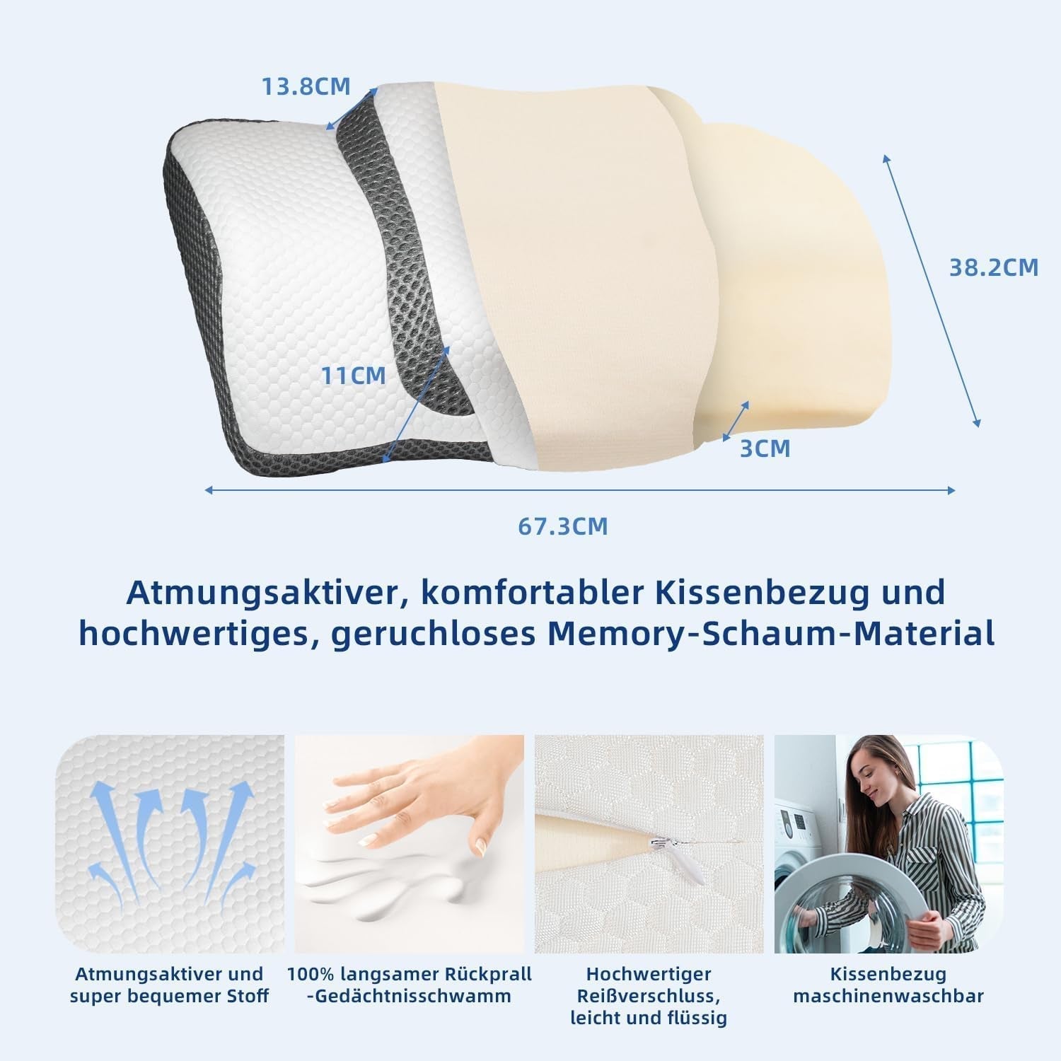 Almohada Ortopédica, Almohada Ergonómica para el Cuello, Almohada para la Cabeza, Original Almohada Viscoelástica para los Lados, Espalda y Abdomen, Almohada de Soporte para el Cuello para Hombres, Mujeres (67,3 X 38,2 X 13,8/3Cm) Almohadas Ortopédicas Cervicales Naty Shop