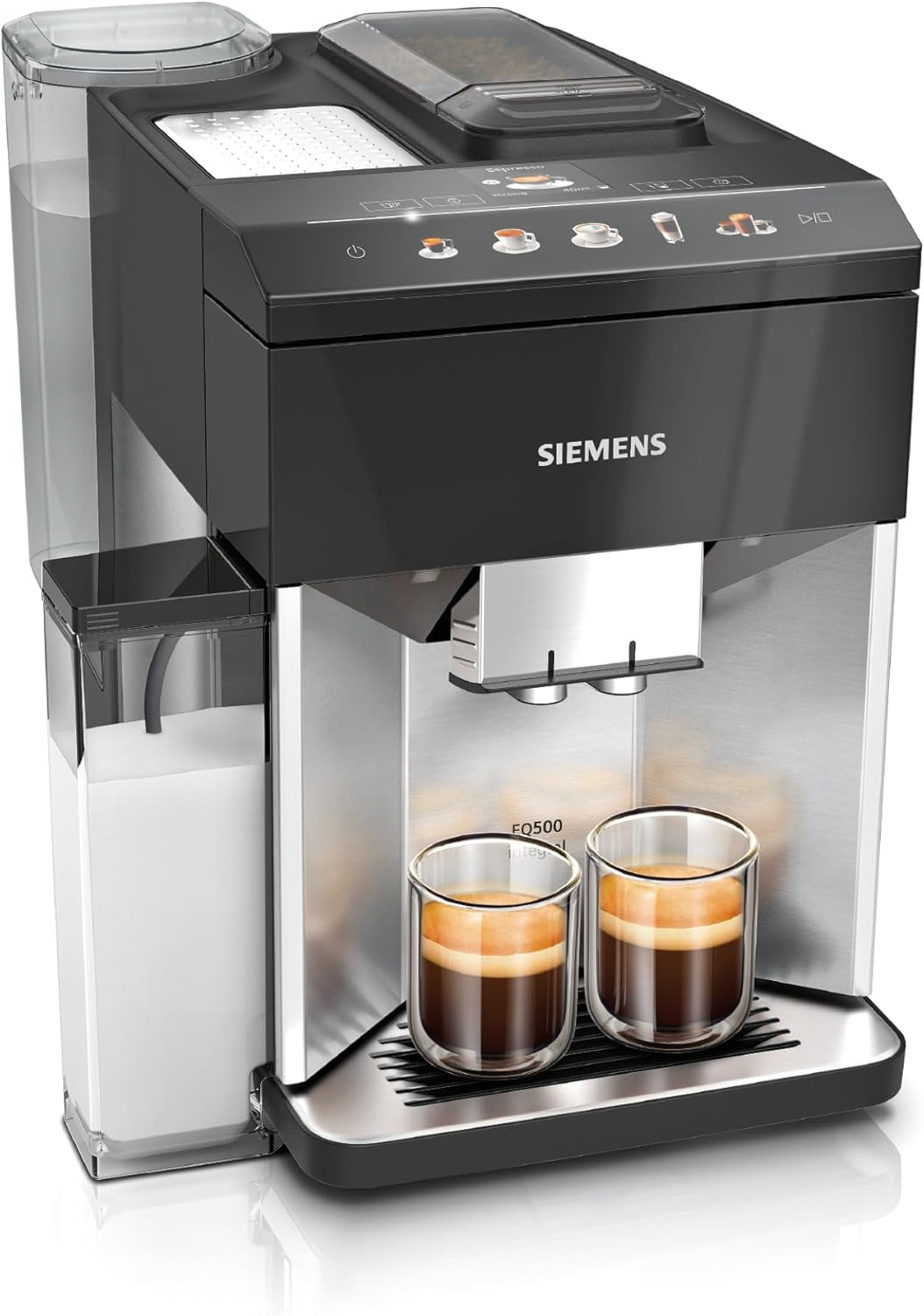 Cafetera espresso totalmente automática Siemens EQ500 TQ513D01, muchas especialidades de café, espumador de leche, recipiente de leche integrado, limpieza automática a vapor, 1500 W, luz natural plata/negro piano